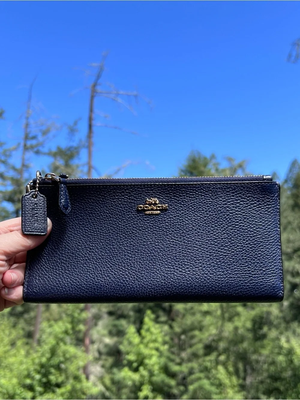 Coach Double Zip Phone Wallet Blue Pebble Leather w Gold Hardware AUTHENTIC